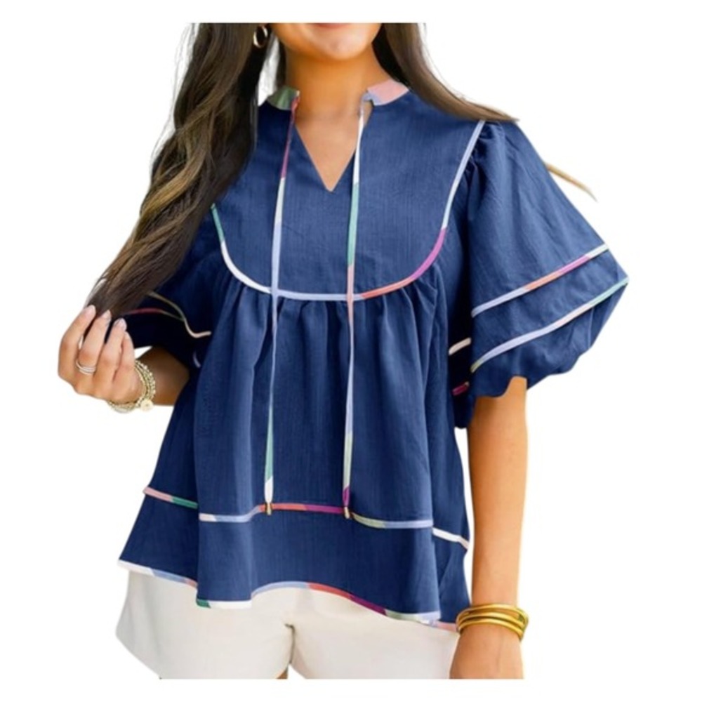 Cicy Bell Navy Blue Puff Sleeve Blouse Multi Color Ribbon‎ Trim Split Neck Top